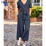 Yidouxian ZANZEA V-Neck Short Sleeve Solid Color Rompers Summer Women Elegant Jumpsuits Elegant Casual Work OL Loose Holiday Playsuit