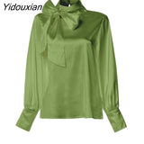 Yidouxian 2023 Fashion Women Bow Tie Blouses Spring Casual Tops Elegant Satin Lantern Sleeve Office Lady Shirts Blusas Femininas