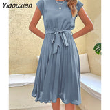 Yidouxian & NORA Elegant Women Summer Casual Beach Sundress Short Sleeve Pleated Midi Dress Soild Colour O Neck Tunic Dresses Fashion