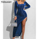 Yidouxian Velvet High Waist Slit Maxi Dress for Women Sexy Long Sleeve Bodycon Evening Party Dress Clubwear Female Vestido Autumn