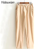 Yidouxian Summer Woman Pants Cotton Linen Elastic Waist Harem Pants Loose Casual Solid Linens Ankle Length Capris Women's Trousers