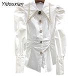 Yidouxian White Patchwork Pearl Shirt For Women Lapel Puff Sleeve Solid Straight Button Through Blouse Female Clothing 2023