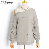 Yidouxian Zipper Folds Cut Out Patchwork Chain Sweatshirt Female Long Sleeve Temperament Fashion Sweatshirts For Women Autumn
