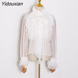 Yidouxian Perspective Tops Female Bowknot Flare Long Sleeve Ruffle Shirt Blouse Women Korean Fashion Clothes 2023 Spring