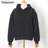 Yidouxian Streetwear Off Shoulder Sweatshirt For Women Hooded Collar Long Sleeve Casual Black Sweatshirts Female Fashion New
