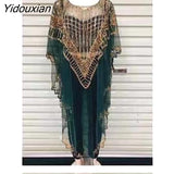 Yidouxian 2023 New African Women's Fashion Gown Chiffon Batwing Sleeve Sequins And Fringes Loose, Versatile Dress With Free Size