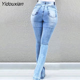 Yidouxian Women Casual Flared Jeans Fashion Sexy Skinny Split Leg Open Streetwear Fray Hole Stretch High Waist Blue Washing Denim Pants