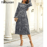 Yidouxian & NORA Fashion Women Long Sleeve Round Neck Leopard Print Slim Fit Midi Dress Elegant Vintage Floral Pleated Dresses Casual