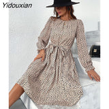 Yidouxian & NORA Women Elegant Floral Printed Midi Pleated Dresses Spring Summer Casual O Neck Long Sleeve Ladies Chic Belt Fold Dress