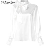 Yidouxian 2023 Fashion Women Bow Tie Blouses Spring Casual Tops Elegant Satin Lantern Sleeve Office Lady Shirts Blusas Femininas