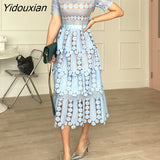 Yidouxian Elegant Blue Dress For Women Stand Collar Short Sleeve High Waist Cut Out Solid Midi Dresses Female Summer Clothing
