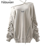 Yidouxian Zipper Folds Cut Out Patchwork Chain Sweatshirt Female Long Sleeve Temperament Fashion Sweatshirts For Women Autumn