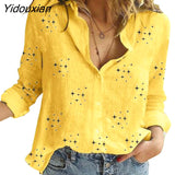 Yidouxian New Women Blouse Autumn Leisure Star Print Shirts Casual Loose Long Sleeve Cotton Linen Shirt Office Ladies Blusas Mujer