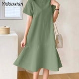 Yidouxian Female O-Neck Zipper Short Sleeve Sundress Summer Woman Solid Dress Stylish Elegant Work OL Vintage Loose Midi Dresses