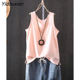 Yidouxian Women's Tank Top Cotton Line Solid Color  Loose Vest Shirt Sleeveless Female V Neck Basic Woman Summer Tanks Camis