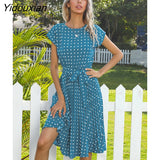 Yidouxian & NORA Women Short Sleeve Polka Dot Print Vestido A-line Floral Elegant High Waist Pleat Casual Midi Dresses Beach Sundress