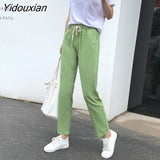 Yidouxian Summer Woman Pants Cotton Linen Elastic Waist Harem Pants Loose Casual Solid Linens Ankle Length Capris Women's Trousers