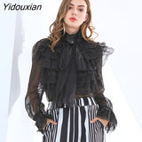 Yidouxian Perspective Tops Female Bowknot Flare Long Sleeve Ruffle Shirt Blouse Women Korean Fashion Clothes 2023 Spring