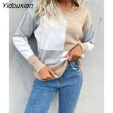 Yidouxian & NORA Women Long Sleeve Round Neck Patchwork Soild Colour Pullover Casual Fashion Loose Autumn Knit Sweater