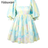 Yidouxian Sweet Women Digital Printing Square Neck Dress 2023 Lantern Short-sleeve with Open Back Puffy French Princess Dresses