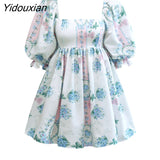 Yidouxian Sweet Women Digital Printing Square Neck Dress 2023 Lantern Short-sleeve with Open Back Puffy French Princess Dresses