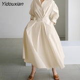 Yidouxian Ladies Autumn Slim Shirt Dress Elegant Long Sleeve Lapel Neck Maxi Dress Women Solid Color Casual Vestidos Femme Robe