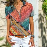 Yidouxian Indie Folk Women Print T Shirt Casual Short Sleeve V-Neck Zipper Loose T Shirt Bohemian 2023 Summer Tops Female Pullover