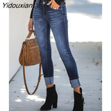 Yidouxian Women's Jeans High Waist Stretch Skinny Denim Trousers 2023 Blue Retro Washed Fashion Sexy Elastic Slim Pencil Pants