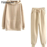 Yidouxian Piece Outfits for Women Winter 2023 Tracksuit on Fleece Oversize Long Sleeve Hoodies Sweatshirt Jogger Solid Warm Sport Suit