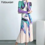 Yidouxian 2023 New Miyake Women's Fashion Print Top Stand Collar Slim Long Sleeve T-shirt Undercoat+Pleated Half Skirt