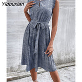 Yidouxian & NORA Floral Print Sleeveless Round Neck Pleated Dress Summer Beach Elastic Waist with Belt Loose Sundress For Women Casual
