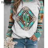 Yidouxian Autumn Winter Retro Western Ethnic Geometric Print Sweatshirt Women's Casual Round Neck Vintage Loose Street Sweatshirts