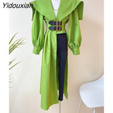 Yidouxian Green Shirt For Women Lapel Long Sleeve Asymmetrical Hem Button Through Blouse Female Fashion Clothing Style New