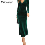 Yidouxian Autumn Velvet Bodycon Black Midi Dress for Women Long Sleeve Ruched Slim Fit Evening Dress Female Party Clubwear Vestido