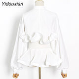 Yidouxian Elegant Patchwork Ruffle Sashes Blouse For Women Stand Collar Long Sleeve Korean Tunic Blouse Female Fashion New