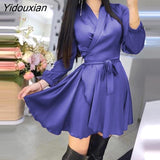 Yidouxian Women Elegant Satin Dress 2023 Fashion V neck Long Sleeve Party Mini Sundress Vintage Belted A Line Short Vestidos