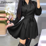 Yidouxian Women Elegant Satin Dress 2023 Fashion V neck Long Sleeve Party Mini Sundress Vintage Belted A Line Short Vestidos