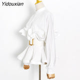 Yidouxian Elegant Patchwork Ruffle Sashes Blouse For Women Stand Collar Long Sleeve Korean Tunic Blouse Female Fashion New