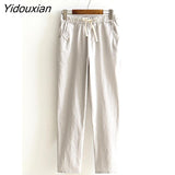 Yidouxian Summer Woman Pants Cotton Linen Elastic Waist Harem Pants Loose Casual Solid Linens Ankle Length Capris Women's Trousers