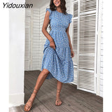 Yidouxian & NORA Beach Vestidos 2023 Summer Short Sleeve Round Neck Midi Dresses Casual Floral Printed Swing Tunic Vintage Dress 420-2