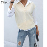 Yidouxian & NORA Women Sleeveless V Neck Soild Colour Loose Knit Sweater Vest Ladies Casual Fashion Oversize Pullover Tops White