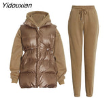 Yidouxian Solid Three Piece Set Womens Hooded Collar Sweatshirt Turtleneck Sleeve Cotton Vest High Waist Trousers Female Sets