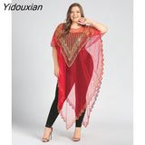 Yidouxian 2023 New African Women's Fashion Gown Chiffon Batwing Sleeve Sequins And Fringes Loose, Versatile Dress With Free Size