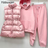 Yidouxian Solid Three Piece Set Womens Hooded Collar Sweatshirt Turtleneck Sleeve Cotton Vest High Waist Trousers Female Sets