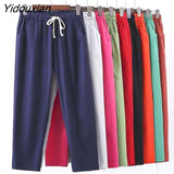 Yidouxian Summer Woman Pants Cotton Linen Elastic Waist Harem Pants Loose Casual Solid Linens Ankle Length Capris Women's Trousers