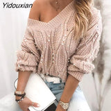 Yidouxian Winter 2023 Pearl Casual Loose Sweater Women Knitted Jumper Pullovers Fashion Long Sleeve V Neck Pull Femme Oversized