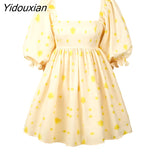 Yidouxian Sweet Women Digital Printing Square Neck Dress 2023 Lantern Short-sleeve with Open Back Puffy French Princess Dresses