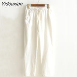 Yidouxian Summer Woman Pants Cotton Linen Elastic Waist Harem Pants Loose Casual Solid Linens Ankle Length Capris Women's Trousers