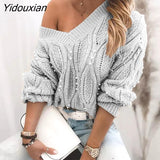 Yidouxian Winter 2023 Pearl Casual Loose Sweater Women Knitted Jumper Pullovers Fashion Long Sleeve V Neck Pull Femme Oversized