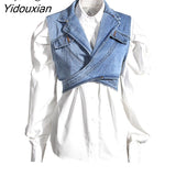 Yidouxian Elegant Two Piece Set For Women Lapel Puff Sleeve Shirt Sleeveless Denim Cross Coat Casual Sets Female 2023 Autumn